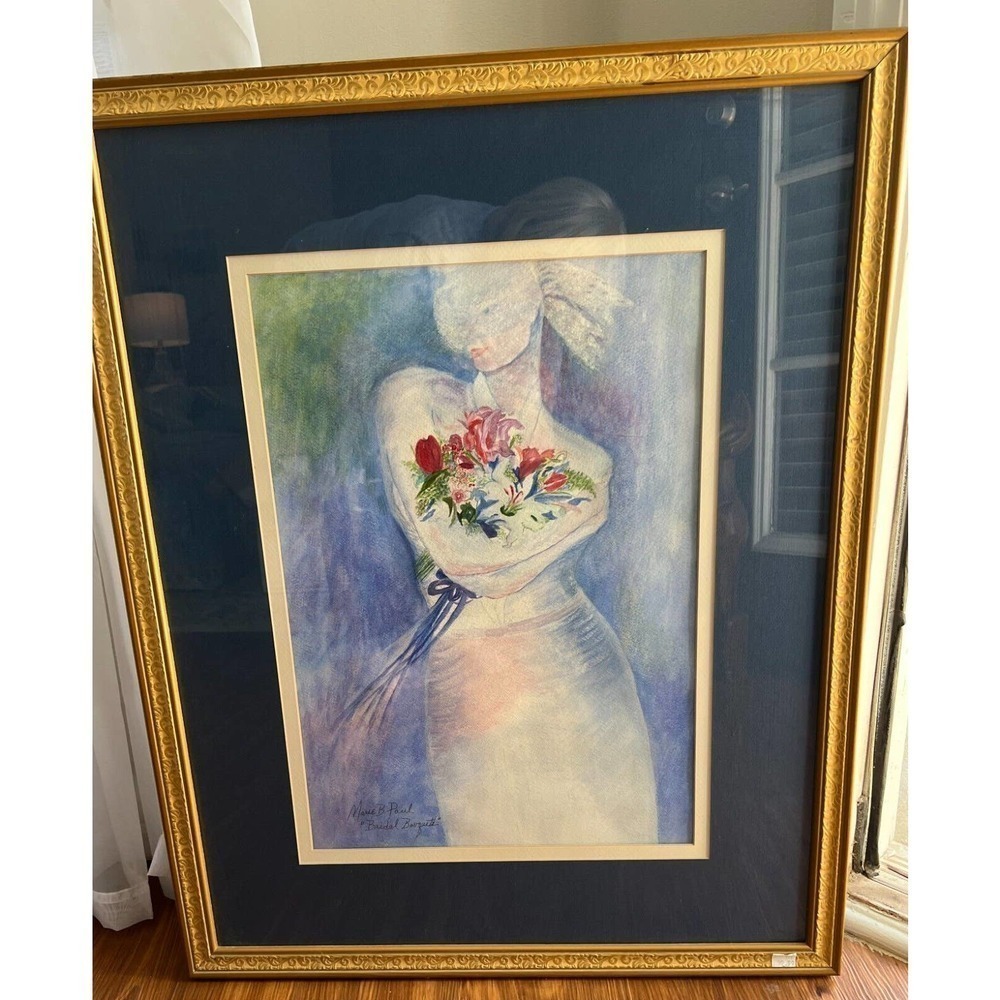 ORIGINAL Art "Bridal Bouquete" Woman Holding Flowers 1940-50's Mixed Media